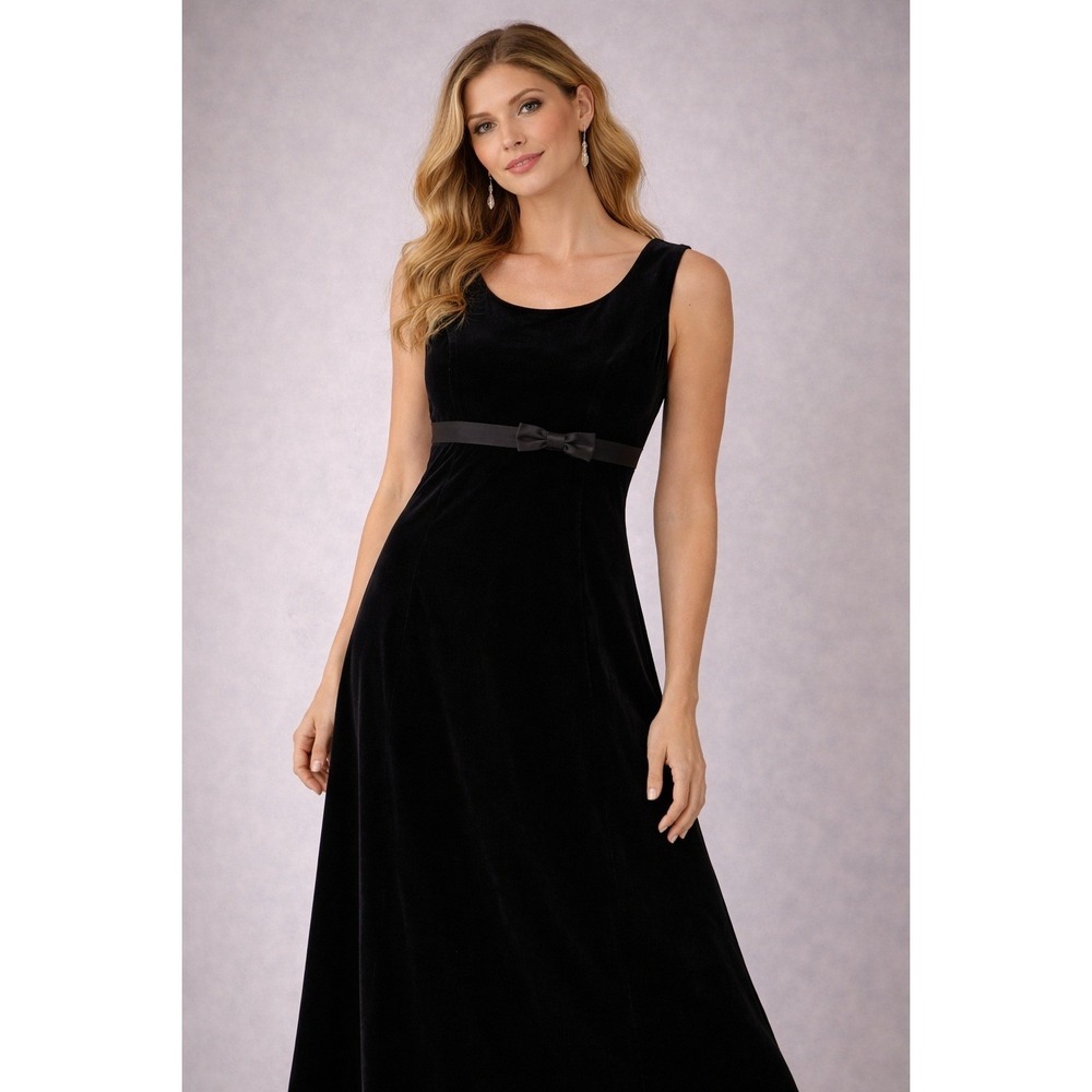 Talbots Maxi Dress Black Velvet Empire Waist Sleeveless Satin Bow Formal Gown 10